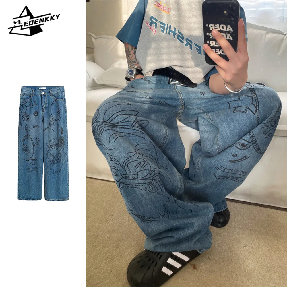 American Oversize Jeans Men Women Street Graffiti Wide Leg Denim Trousers Hip-hop High-waisted Loose Casual Pant Retro Versatile