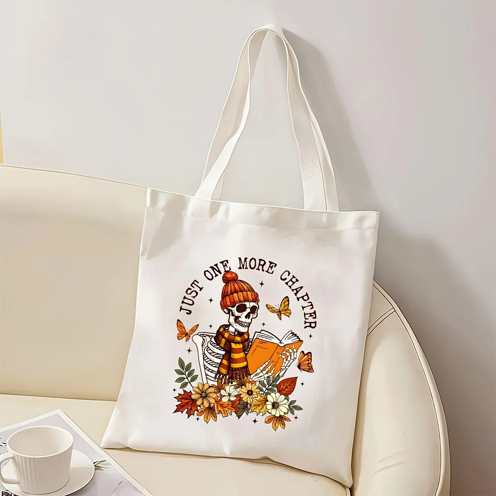 Book Lover Fall Carryall, Cozy Reading Skeleton with Autumn Florals, Durable Tote for Library & Everyday Use