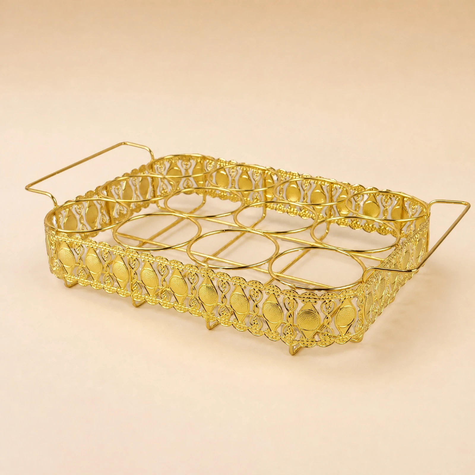 Ornate Metal Beverage Serving Tray with Raised Feet and Built in Can Holder for Bar Counter Use