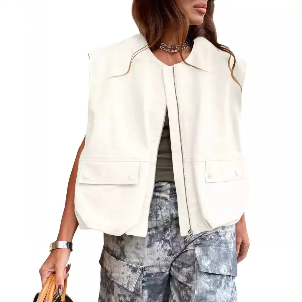 

Women's Sleeveless Pocket Loose Vest Solid Color Cardigan Zipper Fashion Coat European American Style Fashion