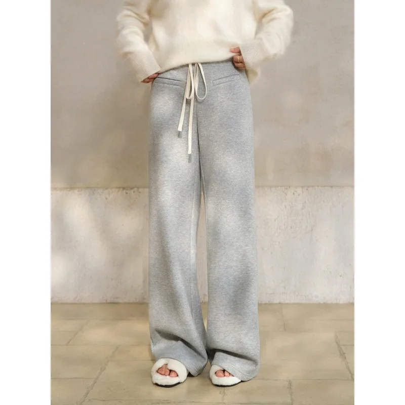 Women Lady High-Waist Loose Wide-Leg Pants Warm Spring Sweatpants Contrast Drawstring Casual Trousers Comfy Daily Fit Outfit