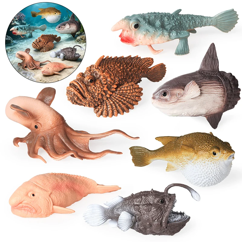 Oenux Sea Life Ocean Sunfish Anglerfish Blobfish Batfish Pufferfish Dumbo Octopus Marine Animals Model Educational Kids Toy Gift