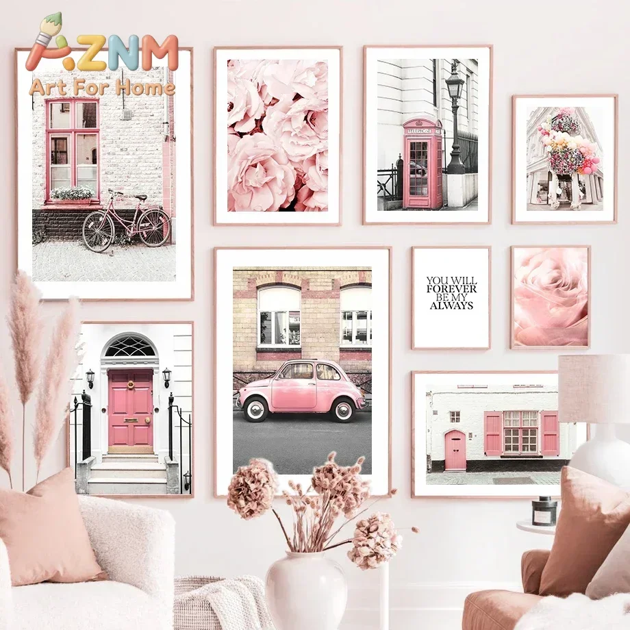 Multi-size 1PC frameless high-definition decorative paintings,Paris Building Pink Car Peony Flower Wall Art Canvas Painting Vint