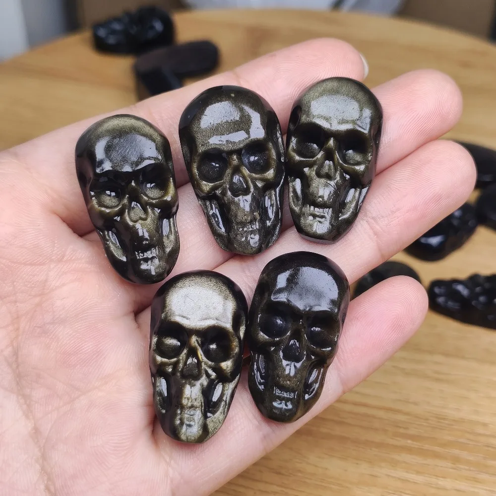 Natural Flat Obsidian Skull Figurine Flash Stone Crystal Halloween Desktop Decoration Home Ornament Collectible Craft Gift