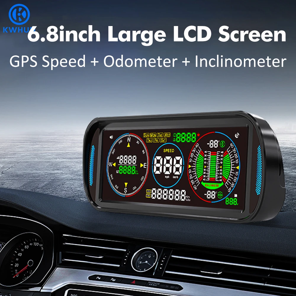 KWHUD Car LCD Screen HUD Display Digital GPS Speedometer Odometer Inclinometer 4X4 Off Road Tilt Pitch Angle Slope Meter Gadgets
