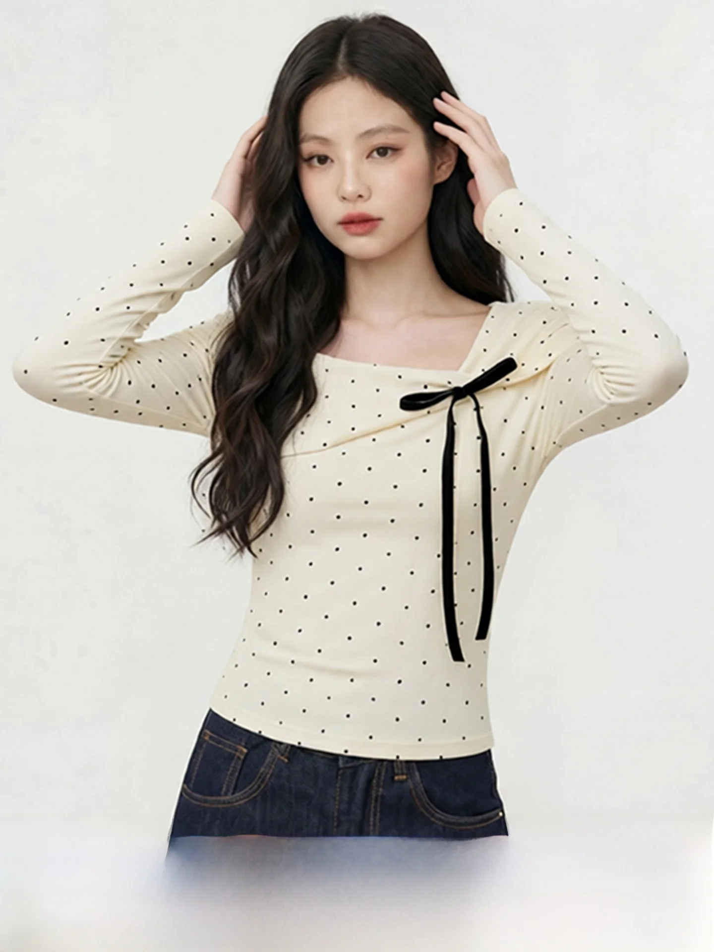 

Женская футболка больших размеров в корейском стиле с длинным рукавом, в горошек, с узлом, облегающая, для ношения под одеждой, весенняя новинка