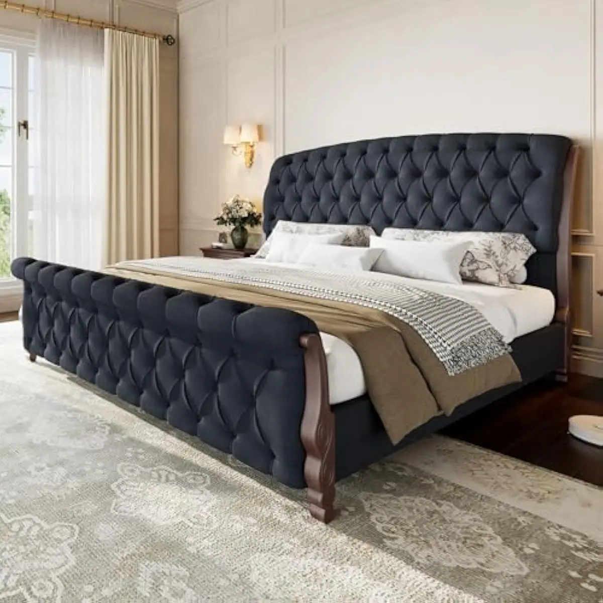 California King Sleigh Bed Frame with Curved Silhouette Platform Design Tall 53 Inch Chenille Upholstered Headboard Scroll Footb
