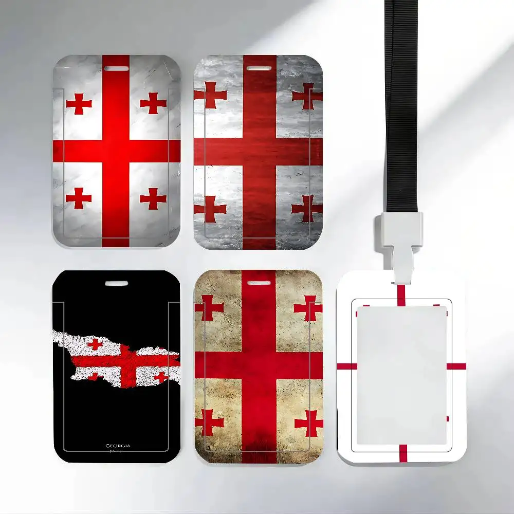 Georgia Flag ID Card Holder Cute PVC Badge Holder Cartoon Card Cover Student ID Bus Card Case With Clear Window