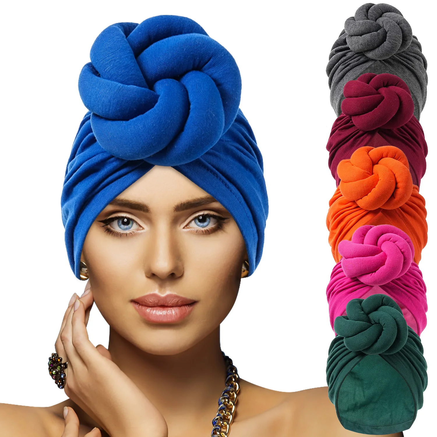 New Pre-Made Knotted Turban Hat Solid Color Head Wraps Elegant Pleated Beanies Headscarf For Women Turban