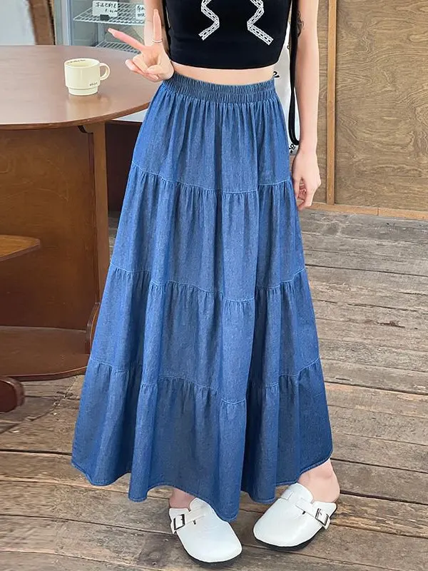 

Emily Clud Recommended Vintage Blue Denim A-Line Midi Skirt Women's Hanging Sensation Hip Concealing Umbrella Skirt