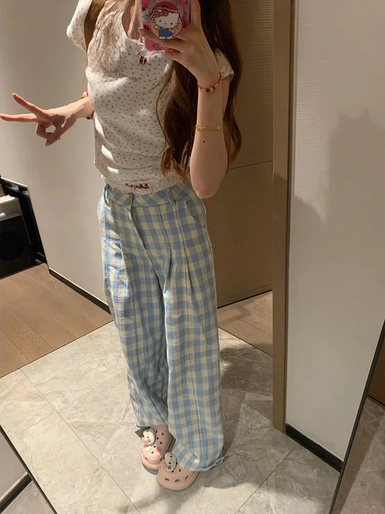 Blue Plaid Wide Leg Pants Women's Summer Thin Casual Drapey Slimming Small Size Straight Leg Trousers High Waist Loose Fit