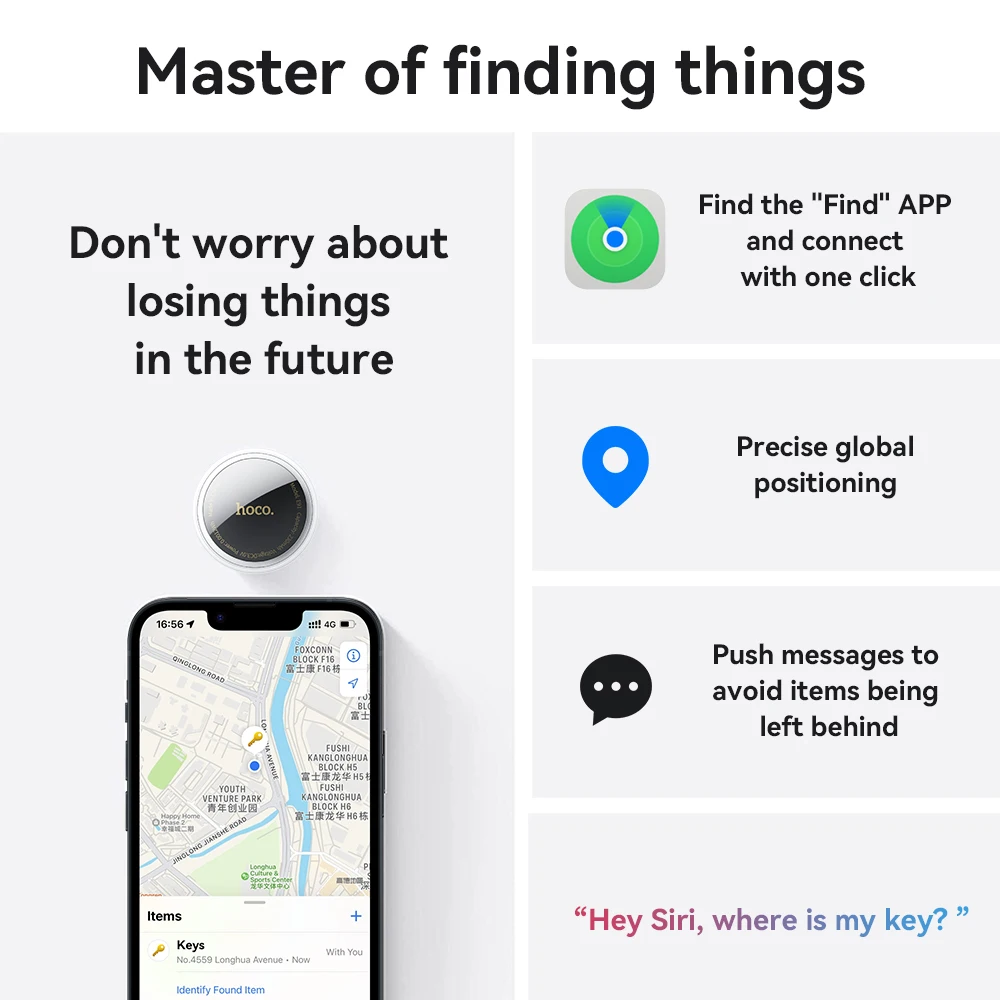 محدد موقع مفتاح HOCO الذكي ، جهاز تتبع GPS ، بلوتوث ، علامة مكافحة الضياع ، تذكير التنبيه ، العمل مع Apple Find My للحيوانات الأليفة ، E91