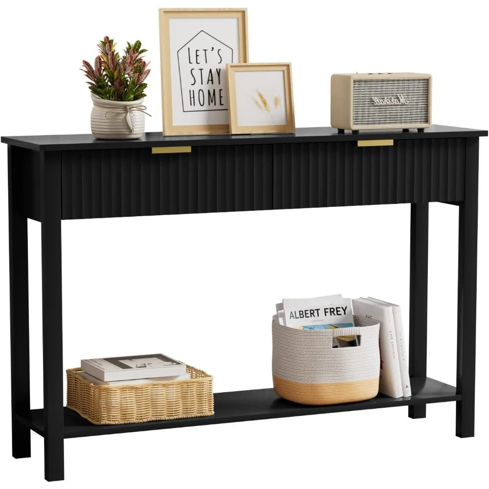 

Черный консольный столик в прихожей с 2 рифлеными ящиками и золотыми ручками, современный диван-стол 47,2 с полкой для хранения для гостиной a