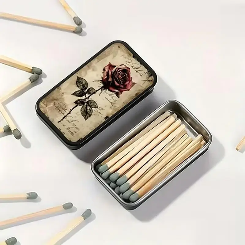 [G] Black Gold Rose Heart-Shaped Retro Fire Wood Box Does Not Include Matches Supports Match/Coin/Accessory Storage