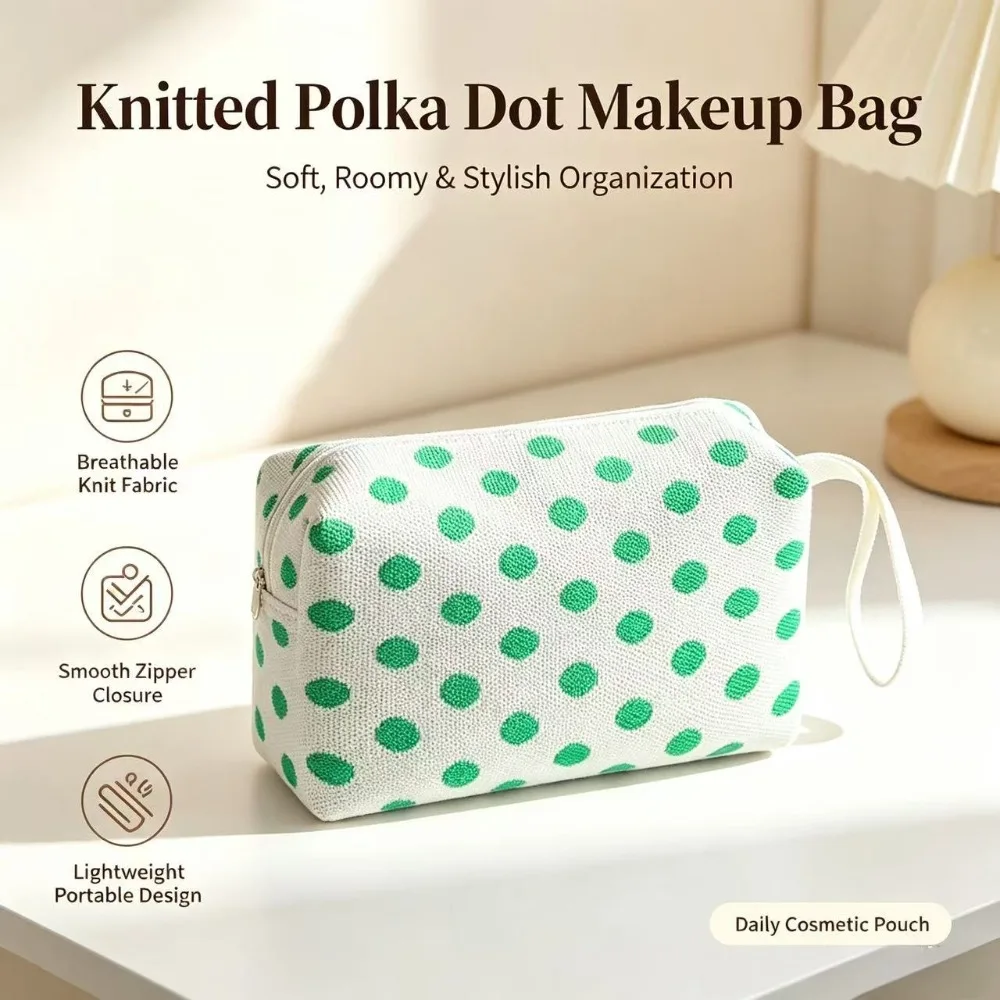 Fashionable color-block polka dot makeup bag, durable knitted fabric, large capacity, multiple colors available, versatile hand-