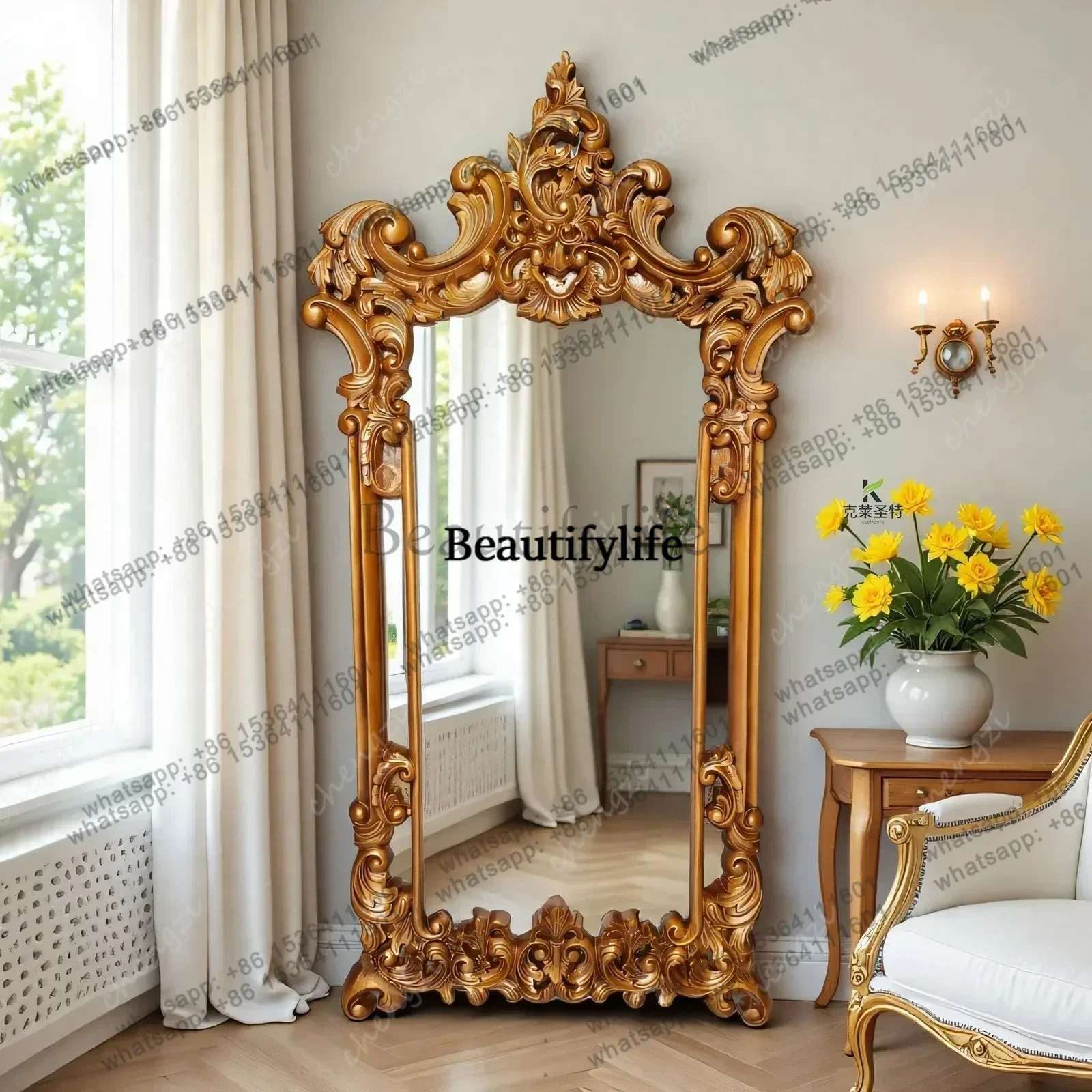 J132 French retro, carved luxury full-body mirror, American home bedroom floor-to-ceiling mirror, European-style fitting mirror