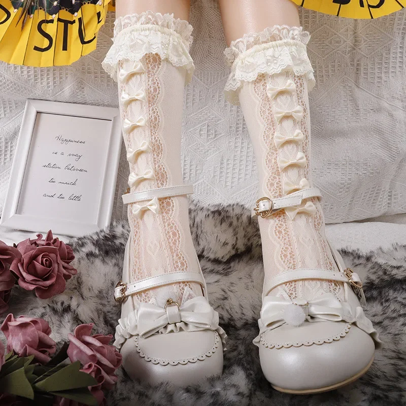 Women Lolita Hollow-out White Lace Edge Middle Tube Pile Up Socks Japanese Cos Jk Princess Bowknot Thin Fishnet Mesh Calf Socks