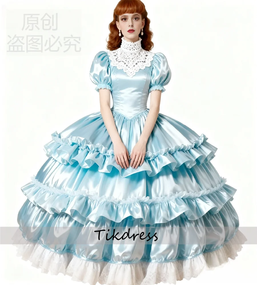 

Victorian Light Blue Evening Dress With Tiered Ruffkes High Neck Costume Dress Short Sleeve Silk Satin Prom Dress Formal Party