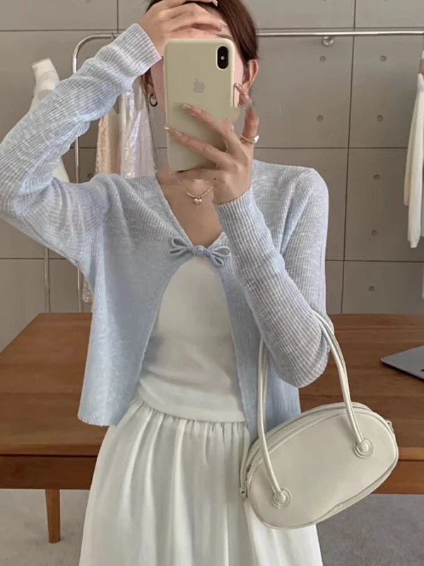 

Ice Silk Short Thin Women's Knitted Vest Cover up Sun Protection Outerwear Spring Fashion Soft Medium Thickness V-Neck Long S...