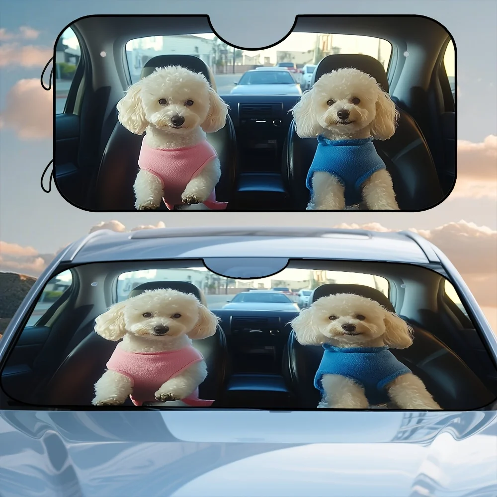

1pc Adorable Poodle Car Ride Pattern Windshield Sunshade - Foldable Polyester Sun Visor For Front Windshield, Keeps Vehicle Inte