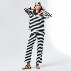 Womens Black And White Striped Prisoner Costume Adult Inmate Uniform Halloween Prison Costume Set Jail Criminal Outfit