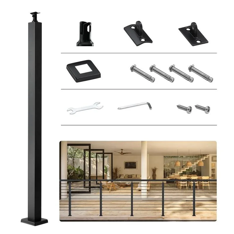 

Cable Railing Post, 36" x 2" x 2" Steel Level Deck Railing Post Without Holes, SUS304 Stainless Steel Cable Rail Post, Stair Handrail Post with Horizontal and Curved Bracket, 1-Pack, Black