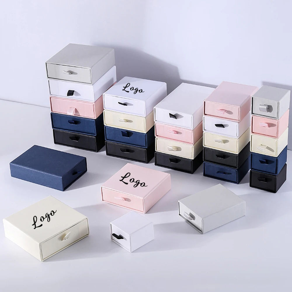 

50Pcs Bulk Luxury Jewelry Accessory Gift Drawer Paper Box Custom Logo 7x7x2.5cm Necklace Earrings Rings Sliding Packaging Boxes