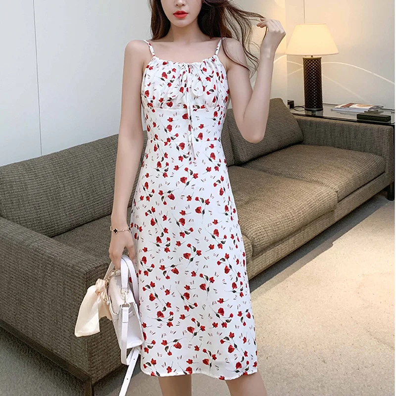 

Summer Cute Girl Lace Square Collar Sleeveless Sweet Rose Floral Dresses Casual Slip Dress Women Kawaii Chic Strap Dress