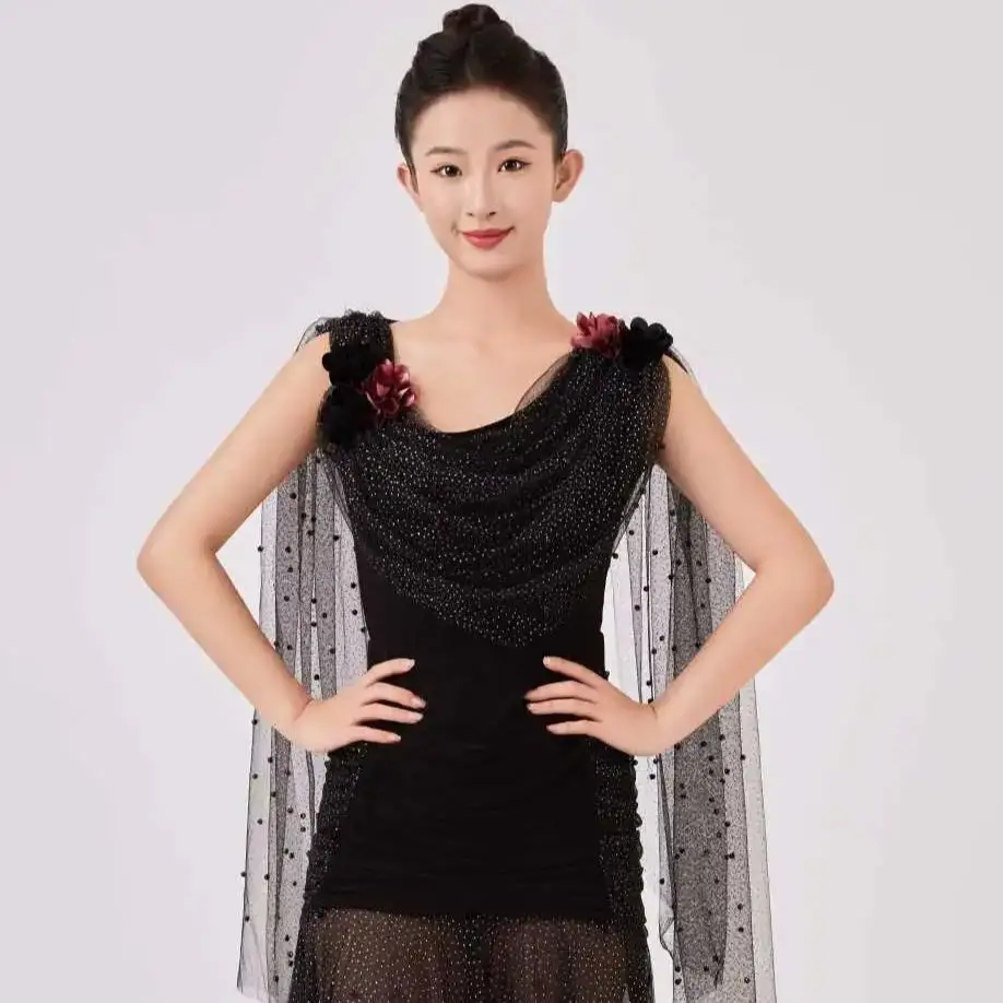 2025 nuevas mujeres Swing Collar malla Top trajes de baile de vals ropa de baile moderna ropa de baile de salón ropa de actuación DN22288