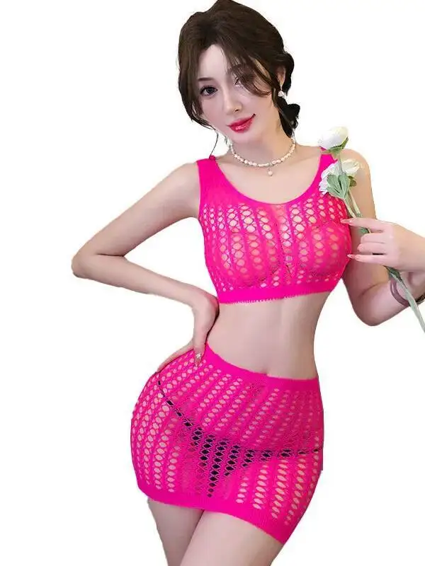Uniforme Sexy tentación hueco de dos piezas vestido de playa de rejilla elegante para mujeres malla de encaje transparente vestido Sexy caliente Tops 04QF
