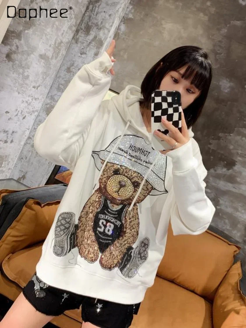 Autumn New White Hooded Sweatshirts Women\'s Bear Hot Rhinestone Full Diamond Fashion Brand Big Wings Casual Long Sleeve Hoody