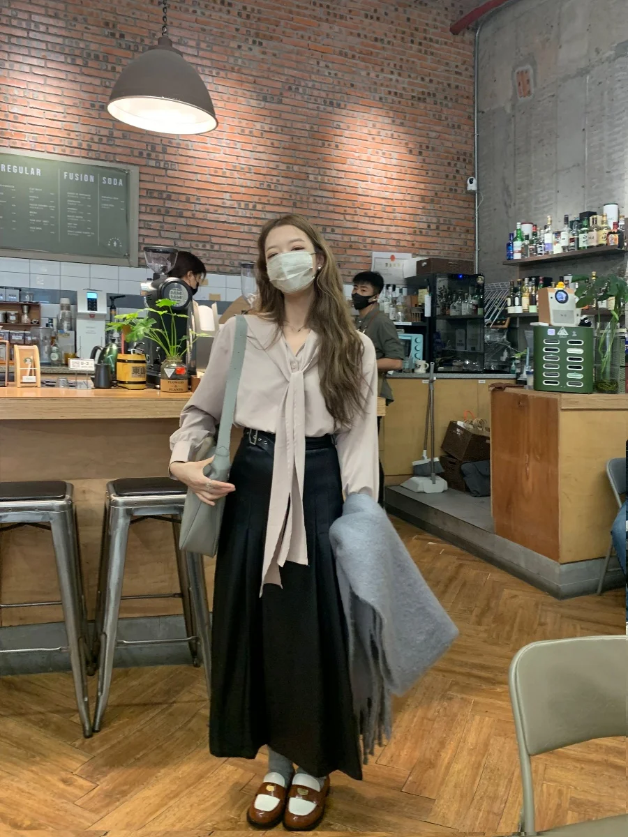 Soolrok High Waist PU Leather Half Skirt A-Line Pleated Versatile Short Skirt Slimming Small A-Shape for Young Women 18-24