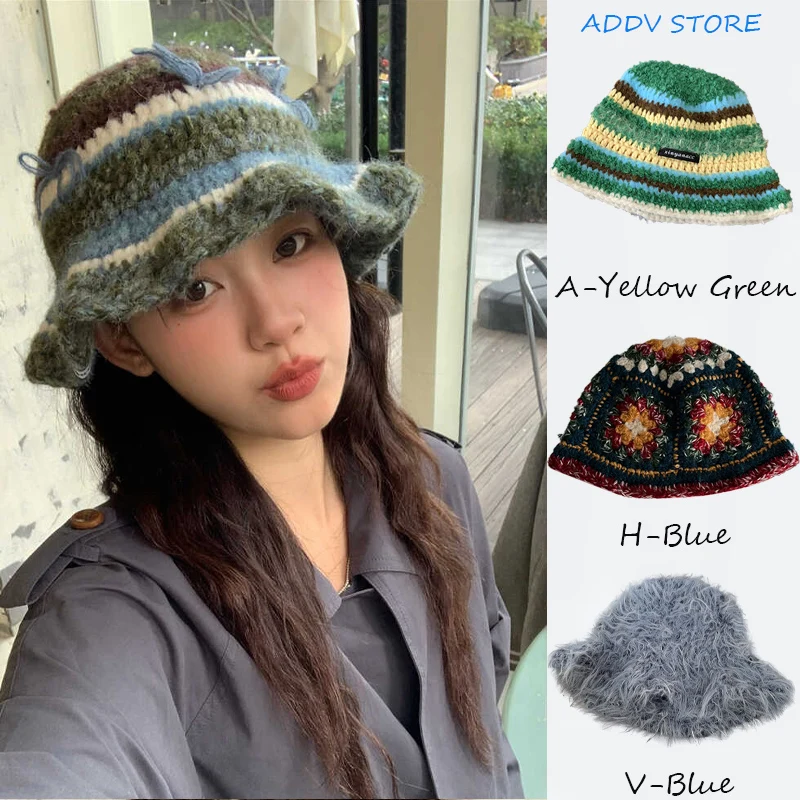 Y2K Women Striped Flower Spliced Knitted Woolen Hat for Autumn Winter Thickened Warm Cold Resistant Ear Protection Bob Homme