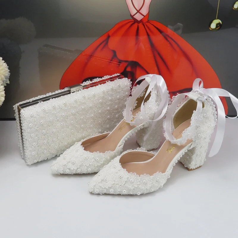 White Flower Bridals Party shoes and bag Set Thick Heel Pointed Toe Women Evening Party shoes Shallow Ankle Strap Shoe and Bag