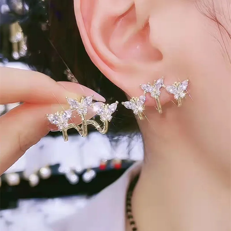 Green Butterfly Zircon Earrings For Women Korean Fashion Luxury Crystal Leaf Bud Stud Earrings Party Holiday Pastoral Jewelry