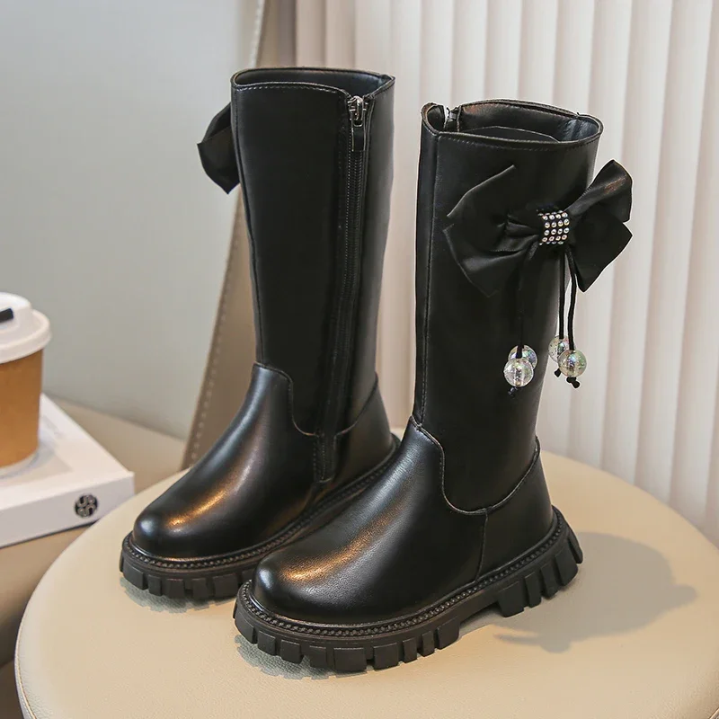 Bottes hautes décontractées pour enfants avec fermeture éclair latérale, bottes chics pour tout-petits, document solide, mode polyvalente, noir et beige, enfants et filles