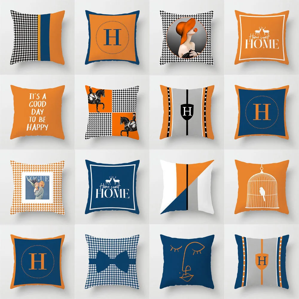 

Nordic Blue Orange Pillowcase Room Geometric Sofa Cushion Cover Blue English Orange Floating Window Pillowslip 45*45 cm