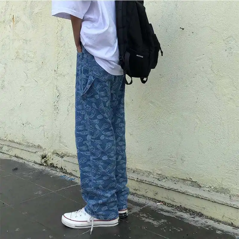 

MEN FASHION High Street Hip Hop Full of Embroidered Cashew Flower Jeans Loose Straight Retro Dad Pants Men Baggy Jeans Man Pants