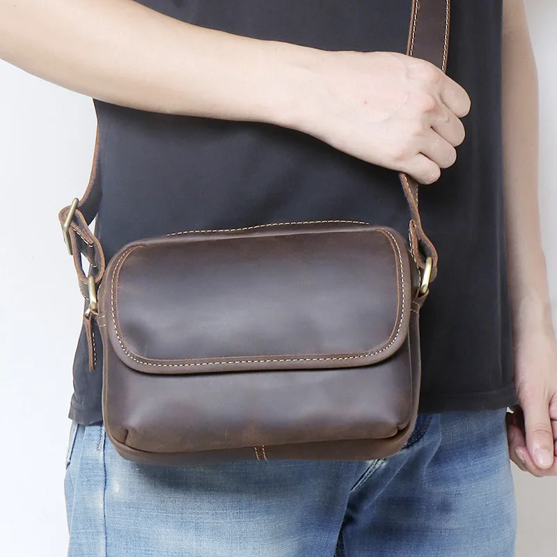 

Мужская сумка на плечо из натуральной кожи, винтажная повседневная сумка для телефона с клапаном на молнии, мужская простая сумка, кожаные сумки Crazy Horse в стиле ретро