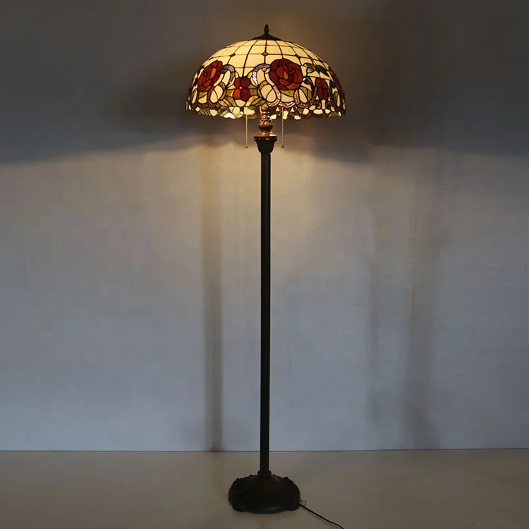 LongHuiJing 16Inch Tiffany Floor Lamp with Stained Glass Rose Pattern Shade