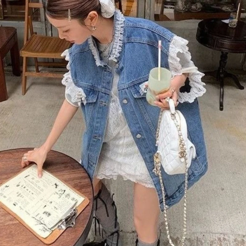 French Style Lace Flower Detail Denim Loose Vintage Premium Slim Fit Women's Trendy Outwear All-match Moda Hot Sel