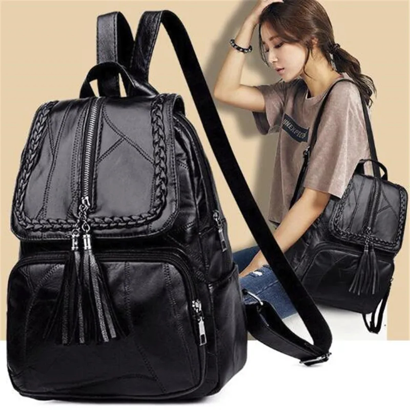 2024 Women\'s PU Leather backpack School bag classic black waterproof travel multi-function Shoulder bag