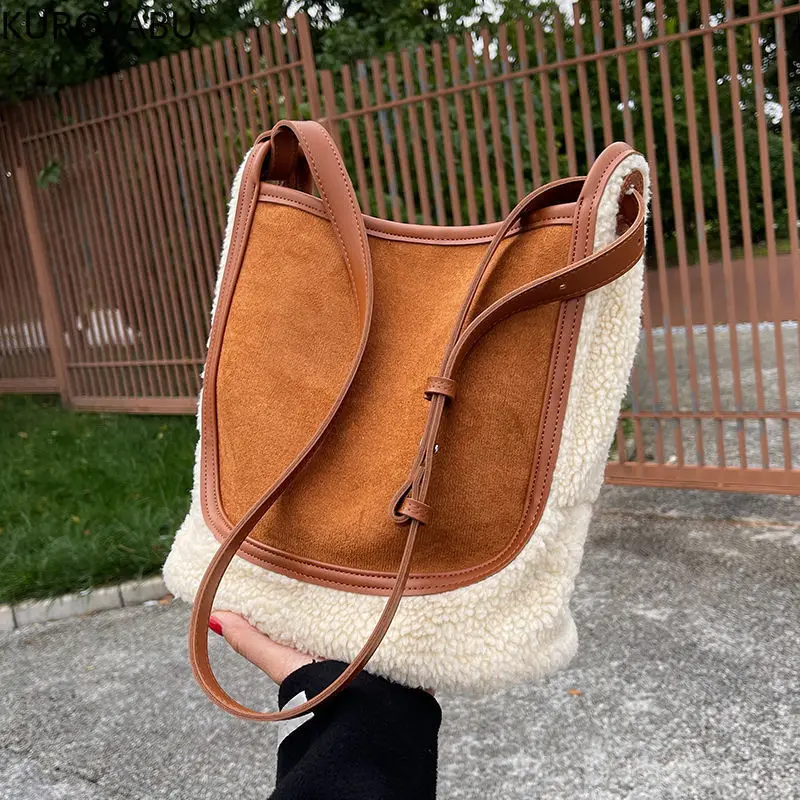 

Patchwork Lamb Wool Bucket Bag Women Autumn Winter New Large Capacity Versatile Comute Suede Fashion One Shoulder Crossbody Bags