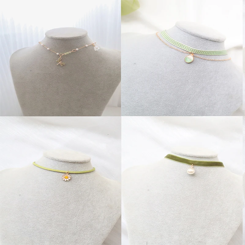 Trendy Choker Necklace For Women Lovely Green Fabric Pearl Heart Pendant Short Clavicle Necklace Aesthetic Jewelry Gift For Her