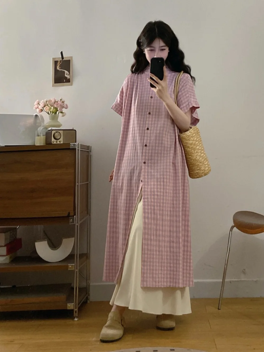 

plus Size Women's Summer Plaid Shirt Dress And Wide Leg Pants Two Piece Set Casual Style Breathable Fabric mid Length Skirt