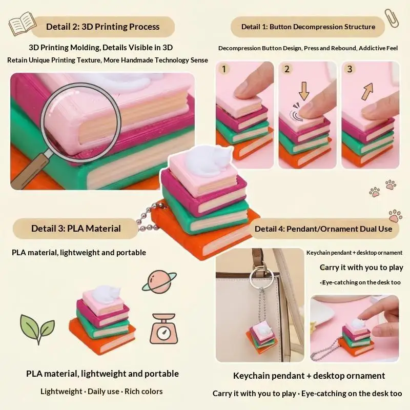 Mini Book Tower Clicker Fidget Keychain 3D Printed Stacked Book Stress Relief ASMR Sensory Toy For Adults Backpack Pendant Charm