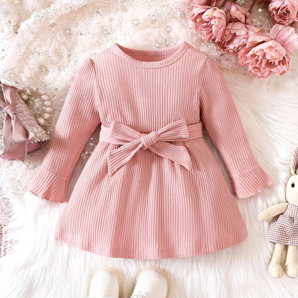 

Toddler Girls Ruffled Long Sleeve Round Neck Pink Ribbed Cotton Baby Dress