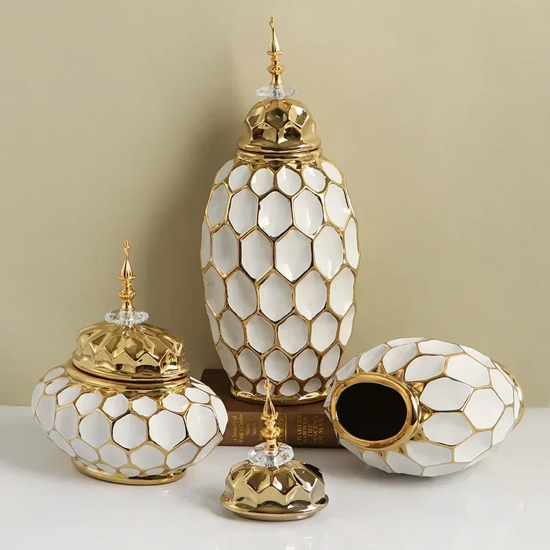 Ceramic Vase Porcelain Ginger Jar Gold Check Irregular Handicraft Storage Tank Flower Vase Home Decoration Accessories