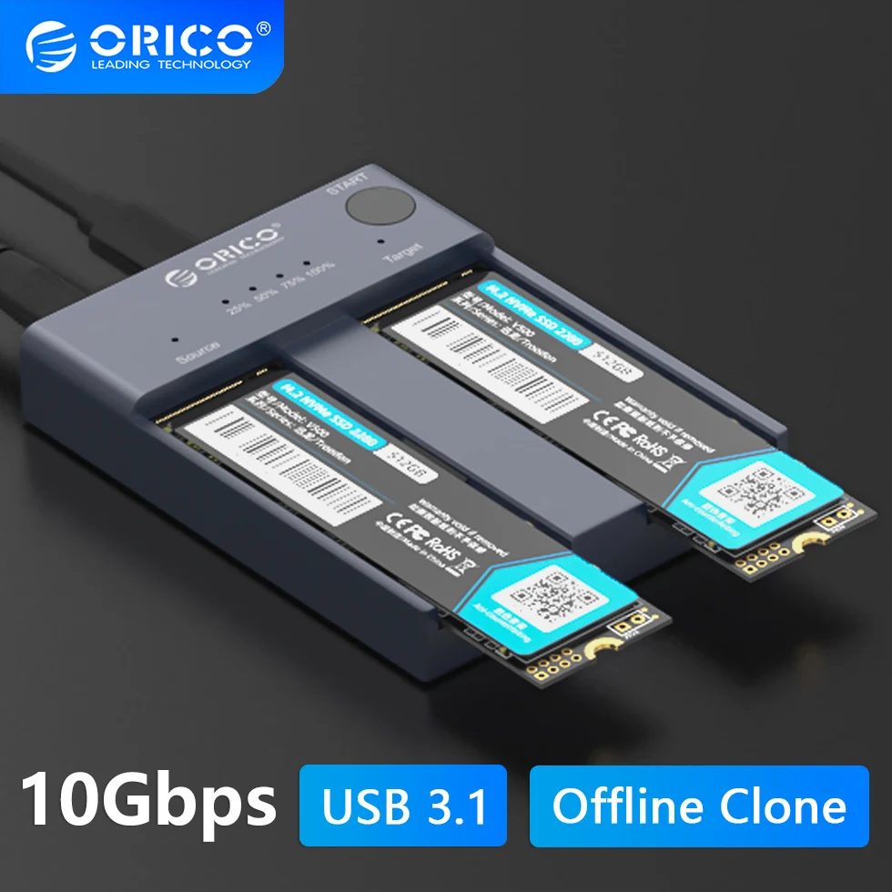 ORICO Dual Bay SSD Duplicator M.2 NVMe Offline Clone Enclosure 10Gbps Gen2 USB3.0 Storage Box M2 Hard Drive Copy External Case