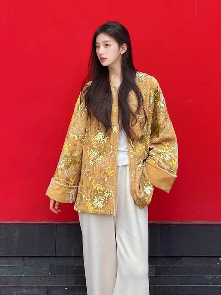 New Chinese style rich family daughter women's blouse heavy embroidery canary yellow coat new autumn style